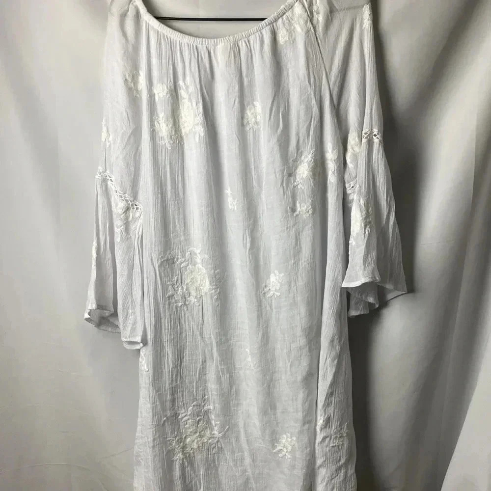 FIG AND FLOWER SIZE XL WHITE GAUZY DRESS LINED BELL SLEEVES EMBROIDERED‎ DESIGN - Picture 14 of 14